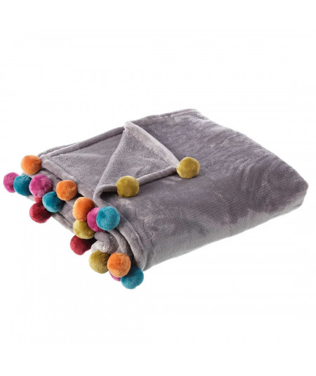 Plaid enfant uni grise avec pompon multicolore 130x160cm - Collection Manon