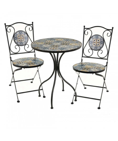 Table de jardin ronde diam60cm et 2 chaises pliables en fer forgé noir - Collection Roma - Yesdeko