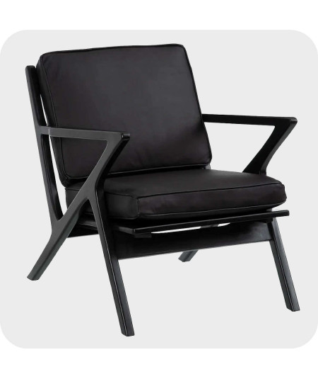 Fauteuil lounge cuir noir et teck H75cm - Megane - Yesdeko