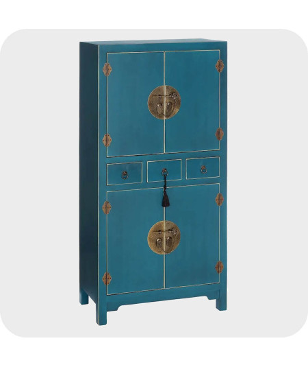 Armoire en bois bleu 3 tiroirs 4 portes orientales 63x33131cm - Orientales